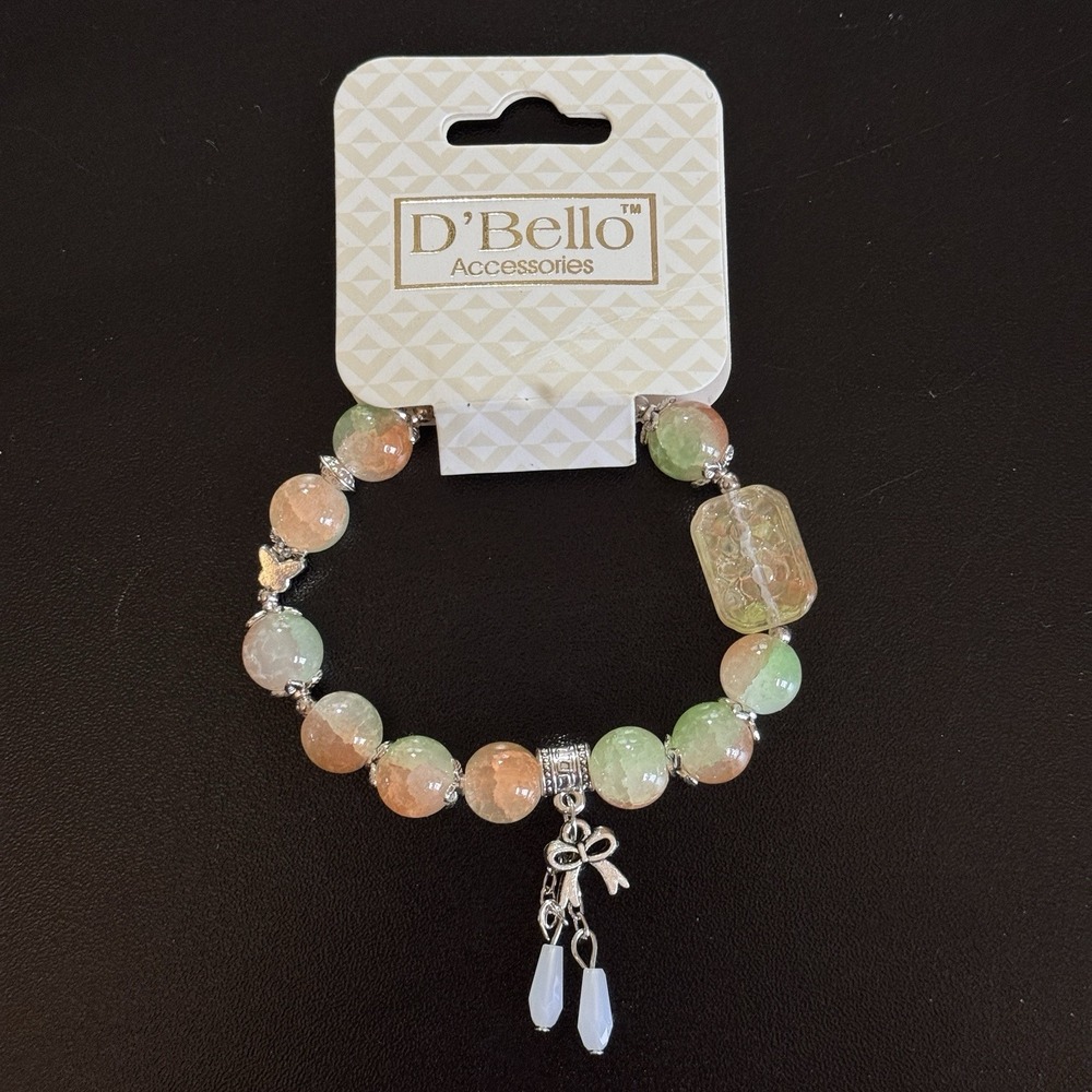D'Bello Orange Green Beaded‎ Stretch Charm Bracelet Silver Womens Jewelry NEW